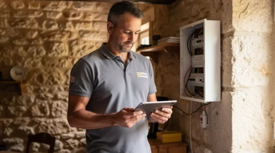 Diagnostiqueur immobilier inspectant un tableau électrique dans une maison provençale