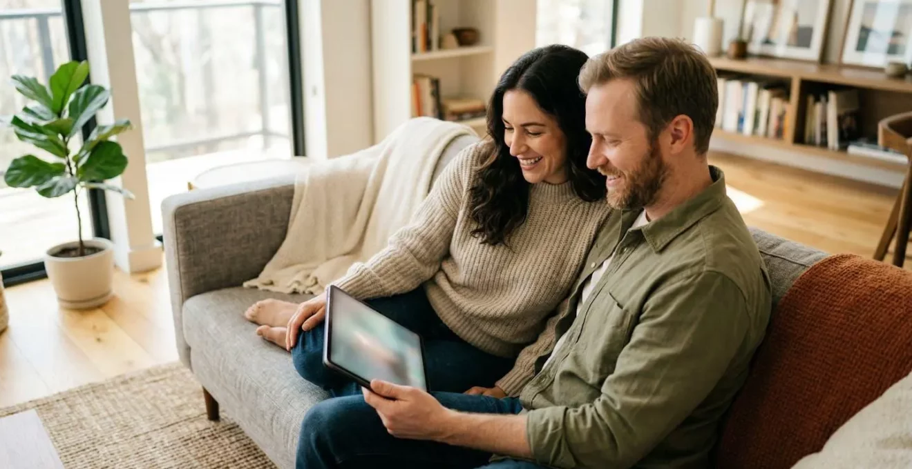 Un jeune couple assis sur un canapé dans un salon lumineux discute en regardant une tablette numérique.