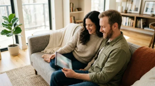 Un jeune couple assis sur un canapé dans un salon lumineux discute en regardant une tablette numérique.