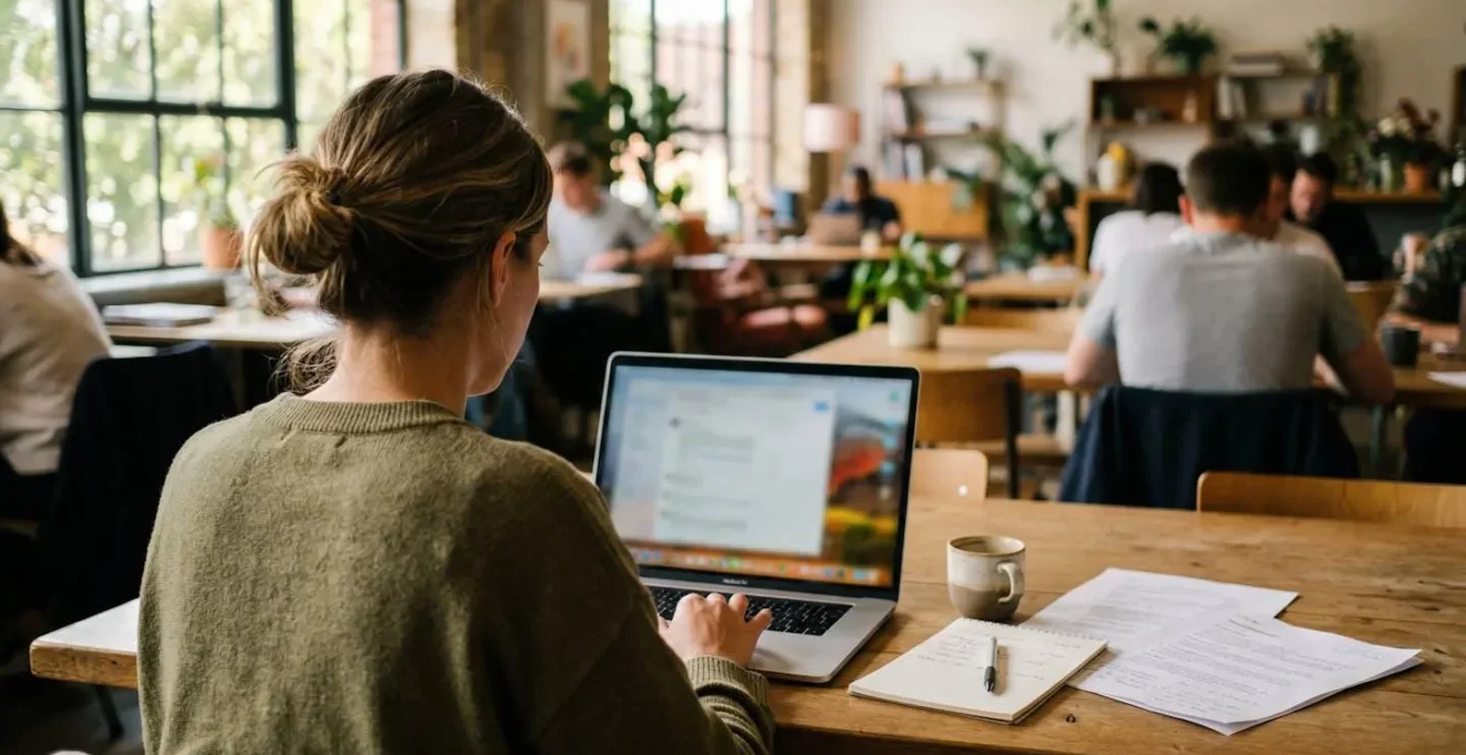 Une personne vue de dos travaille sur un ordinateur portable dans un espace de coworking très lumineux.