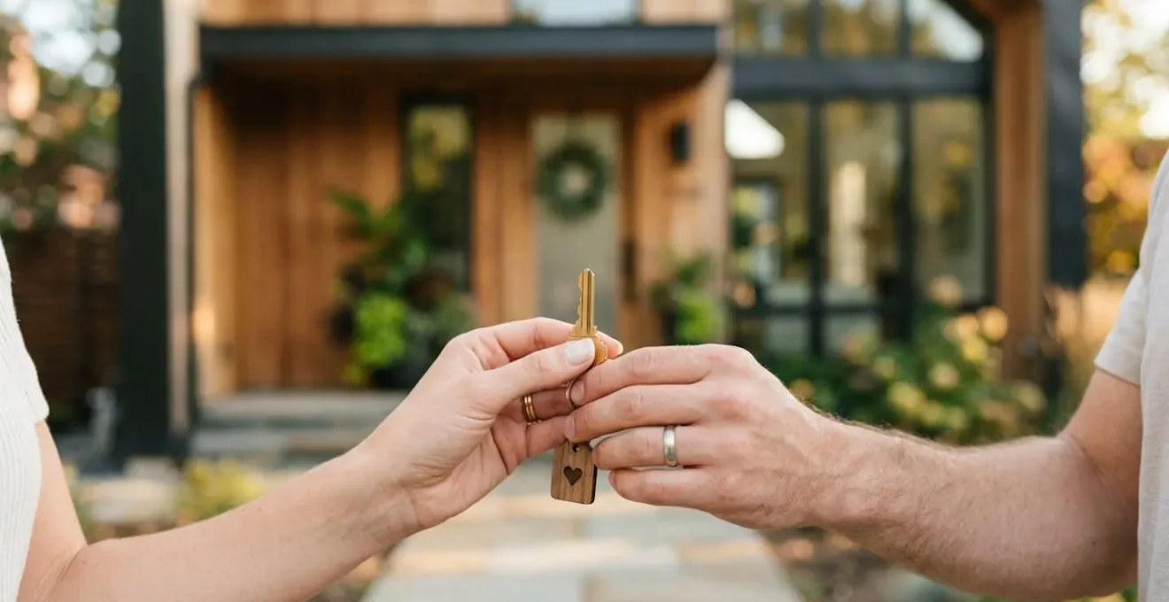 Gros plan sur des mains tenant une clé avec un porte-clé en forme de maison devant un immeuble moderne flou.