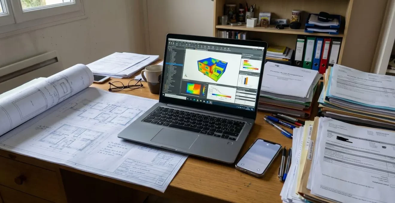 Bureau organisé présentant plans architecturaux dépliés, factures énergétiques et documents administratifs nécessaires à la préparation d'un audit