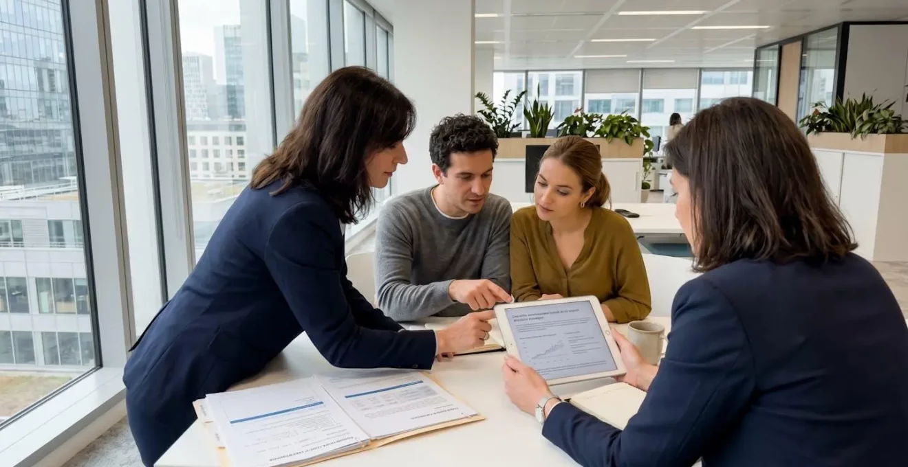 Un conseiller financier et un jeune couple vus de trois-quarts examinent ensemble une simulation de crédit sur une tablette dans un bureau moderne lumineux