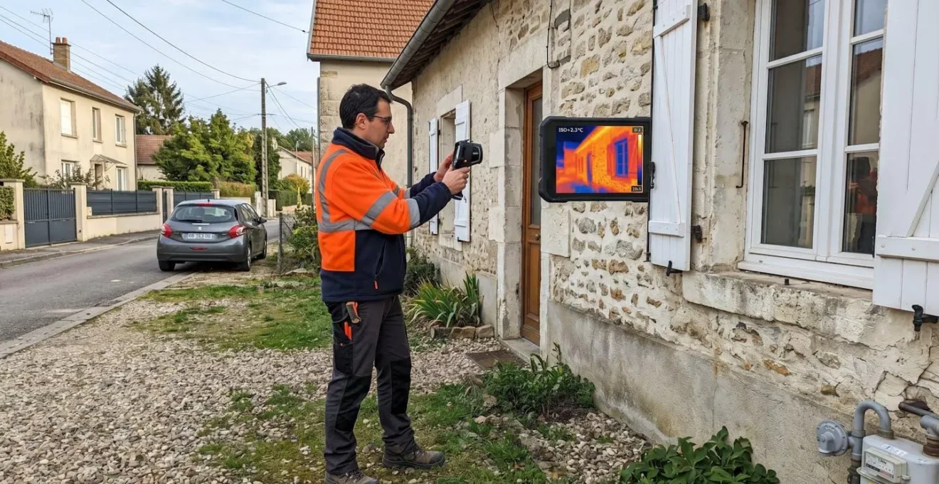 Professionnel du diagnostic immobilier utilisant une caméra thermographique pour inspecter la façade d'une habitation traditionnelle