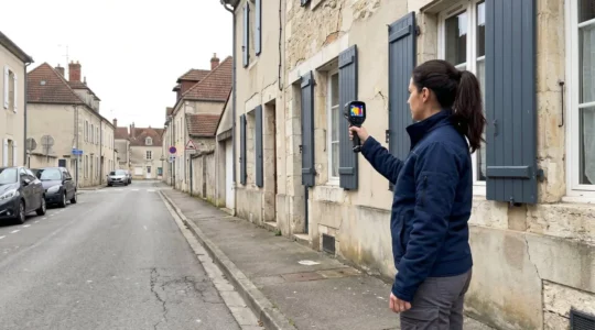 Professionnel du diagnostic immobilier utilisant une caméra thermographique pour inspecter la façade d'une habitation traditionnelle