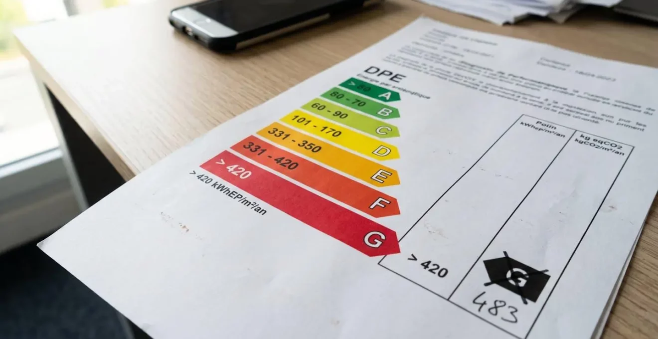 Étiquette officielle de diagnostic énergétique présentant l'échelle colorée des classes A à G avec mise en évidence des zones F et G