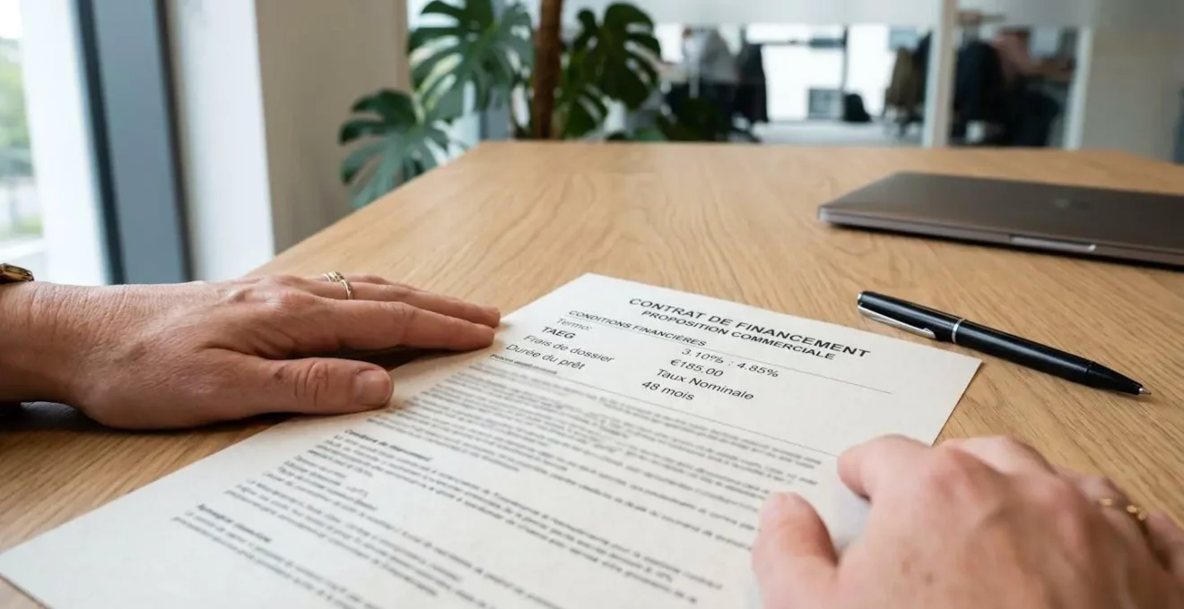Gros plan sur des mains posées sur un document contractuel mentionnant TAEG et frais de dossier avec un stylo noir à proximité sur un bureau en bois clair moderne