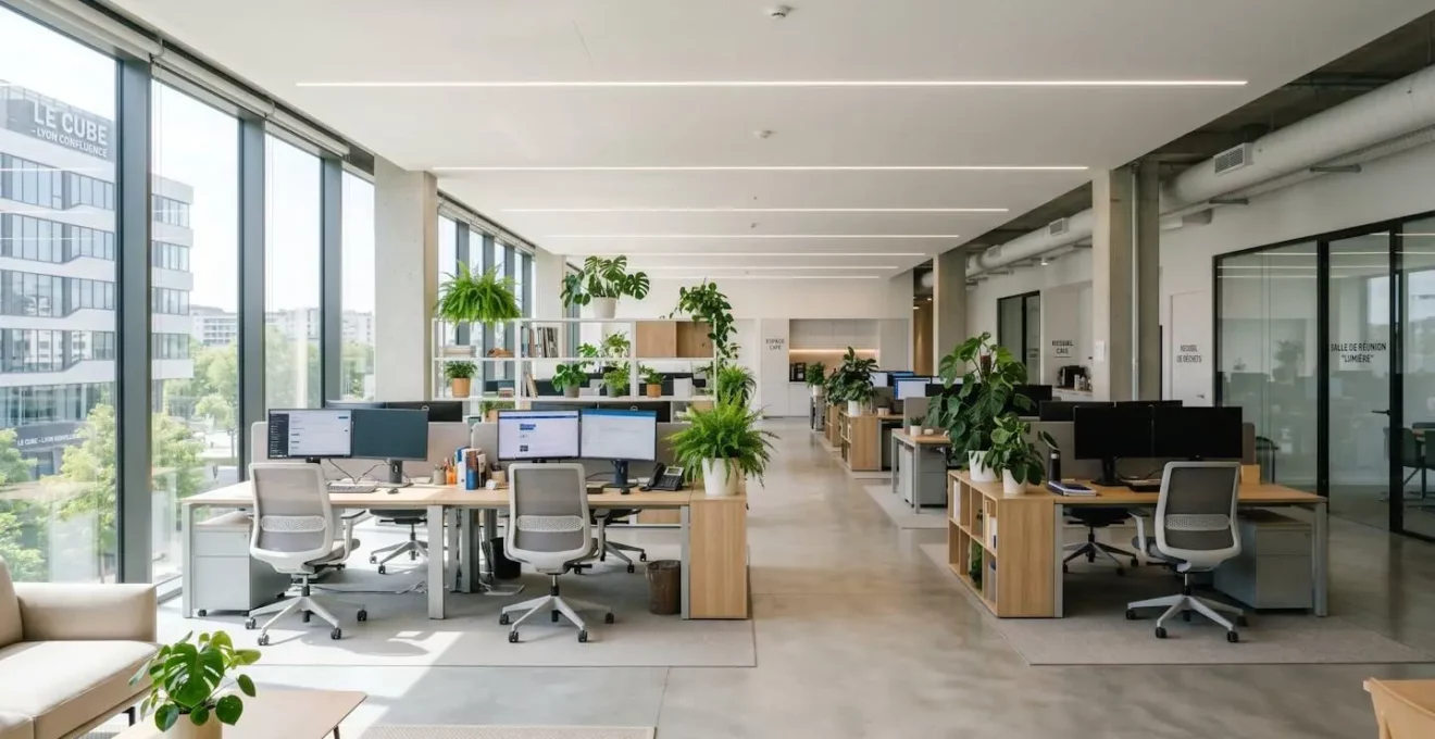 Vue en grand angle d'un open space de bureau contemporain avec plusieurs postes de travail équipés d'écrans, des plantes vertes et une décoration épurée baignée de lumière naturelle